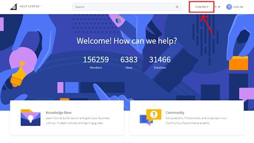 Screenshot of the BigCommerce &lsquo;Help Centre&rsquo; Webpage Highlighting the &lsquo;Contact&rsquo; Button on the Top Navigation Bar.