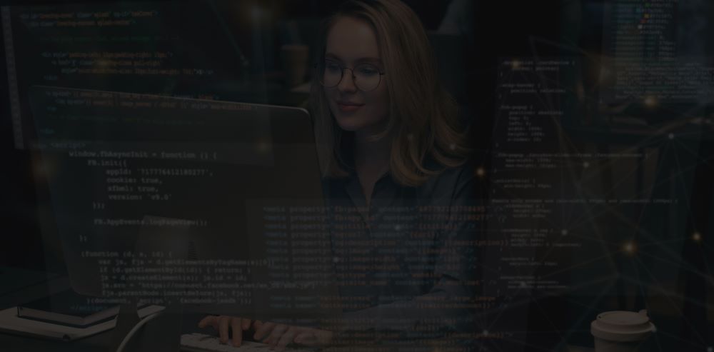 A Woman Typing On A Keyboard Surrounded by Floating Digital Code.