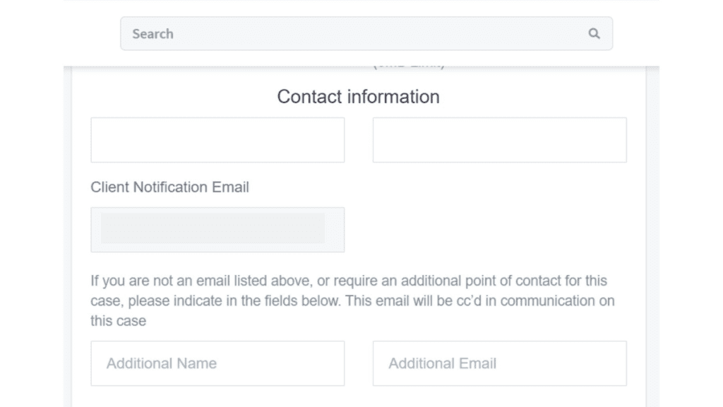 Zoomed in BigCommerce Help Centre Contact Information Form With Fields for Client Notification Email and Additional Contact Details.