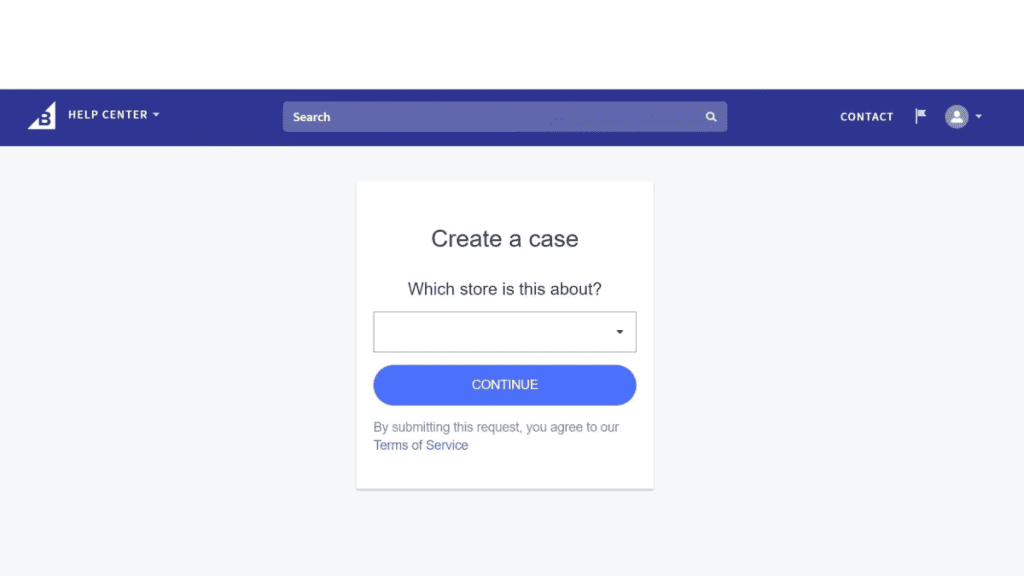 Customer Support Form on the BigCommerce Help Centre Page With a 'Create a Case' Section and a Dropdown Menu for Selecting the Relevant Store.