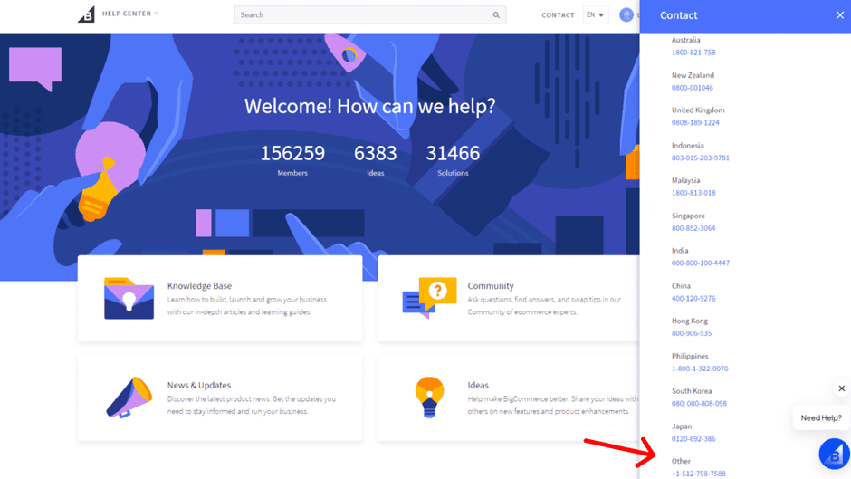 Screenshot of the BigCommerce &lsquo;Help Centre&rsquo; Webpage.