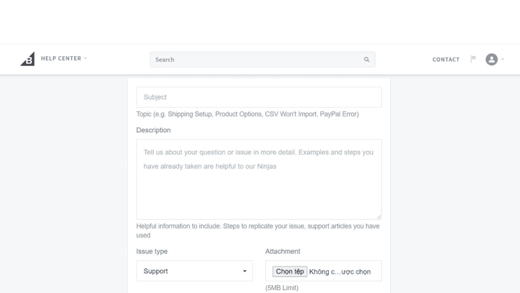 BigCommerce Help Center Webpage With a 'Shipping' Form for Submitting Queries. The Form Includes Fields for Description, Helpful Information, and Issue Type.