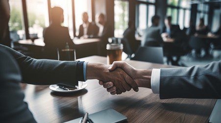 Two people shaking a hand  in a meeting