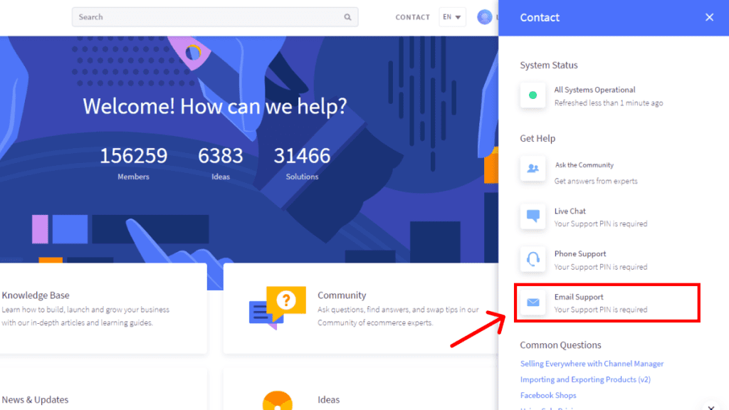 Screenshot of the BigCommerce Help Center Page With A Rectangle Highlighting &lsquo;Email Support.&rsquo;