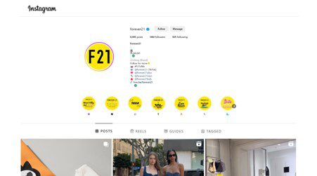 Instagram page of F21 brand