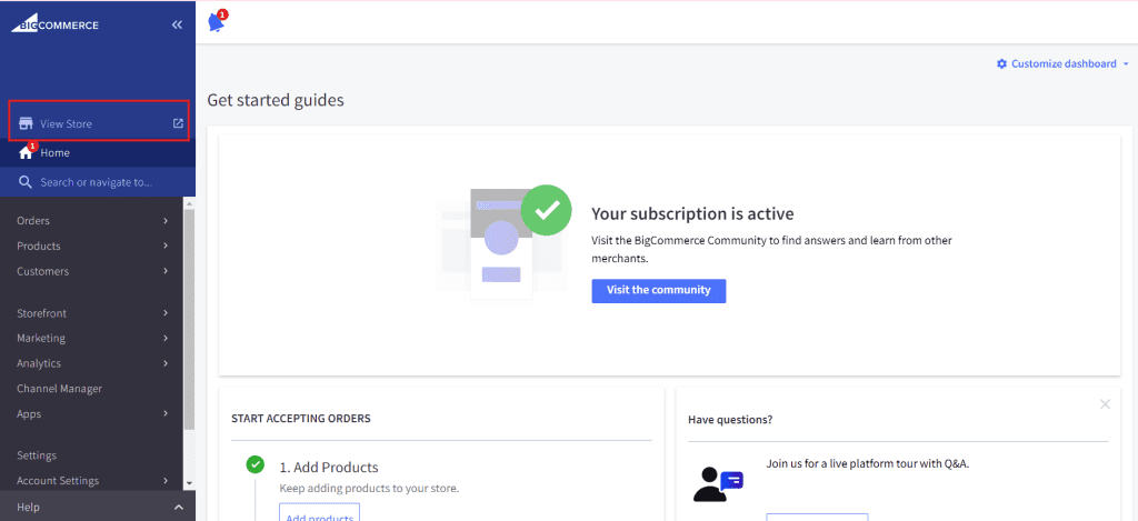 BigCommerce dashboard showing active subscription.
