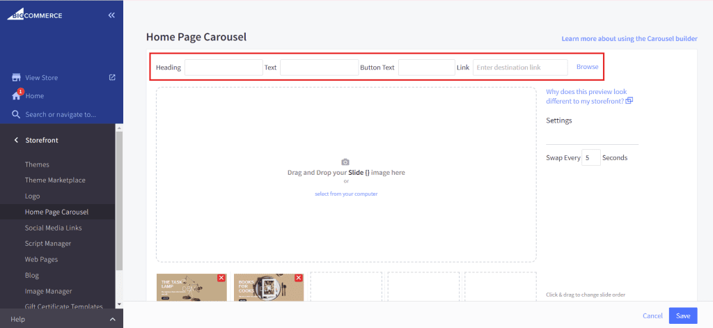 BigCommerce homepage carousel editor interface.
