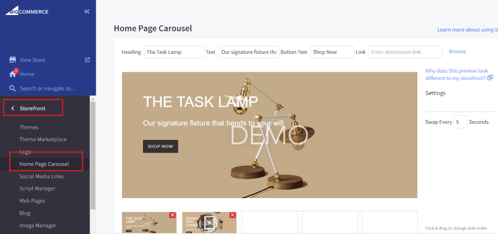 Preview of homepage carousel in BigCommerce.
