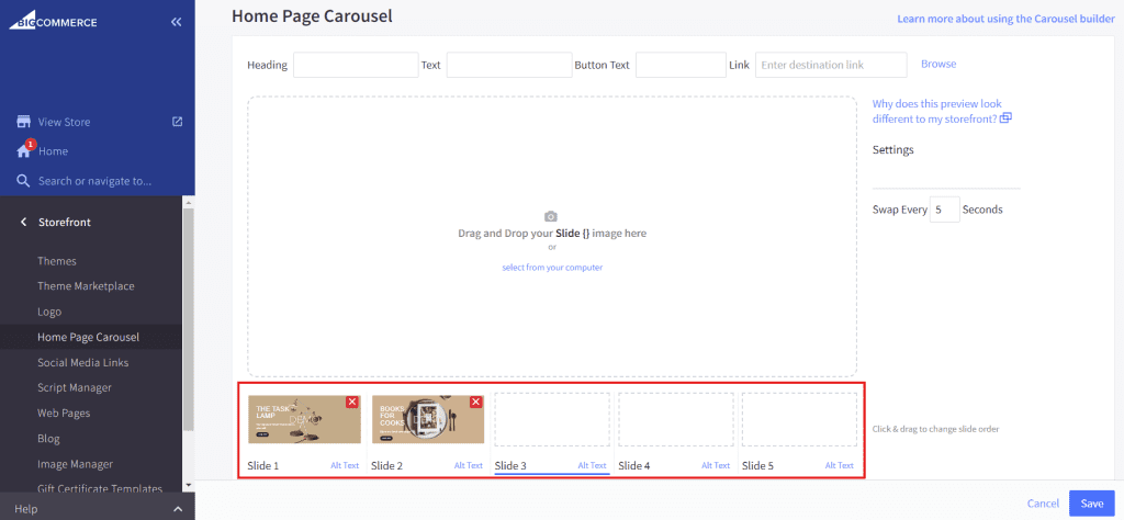 BigCommerce interface showing homepage carousel setup.
