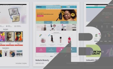 A Montage of Top BigCommerce Themes Along With the BigCommerce Logo.