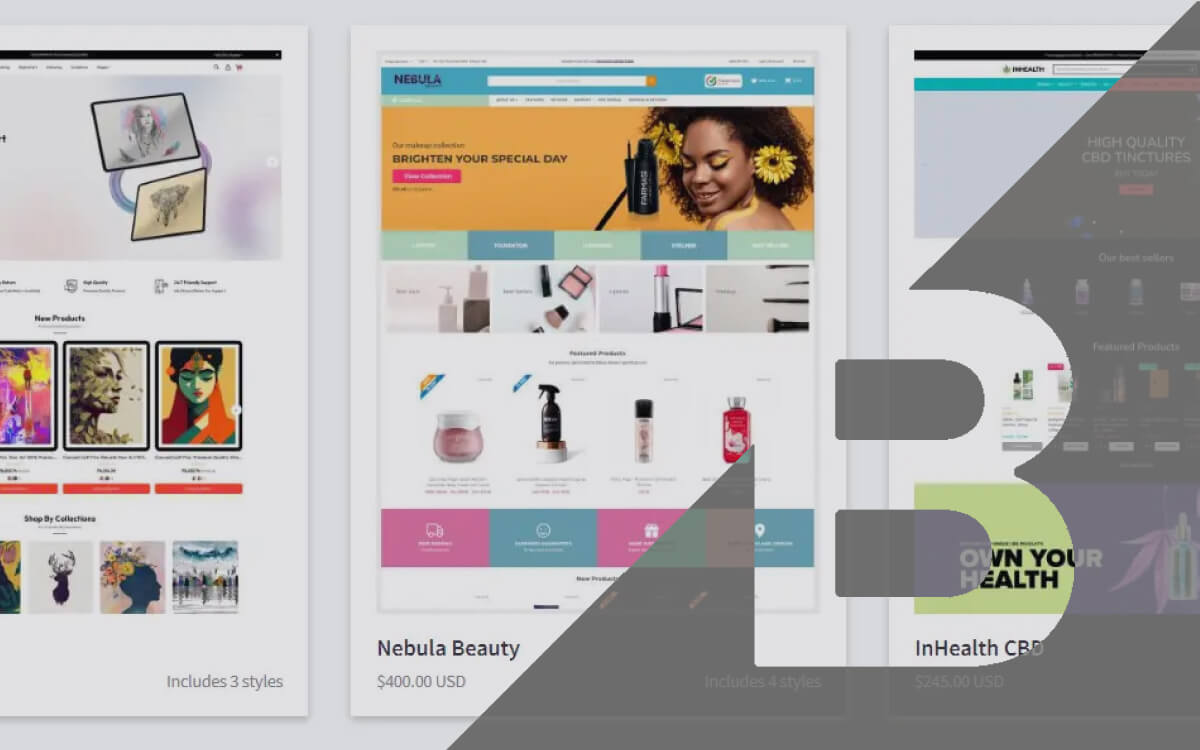 A Montage of Top BigCommerce Themes Along With the BigCommerce Logo.