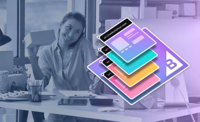A Juxtaposition of a Grayscale Office Scene With A Woman and Vibrant, Colorful UI/UX Design Elements With BigCommerce Logo.