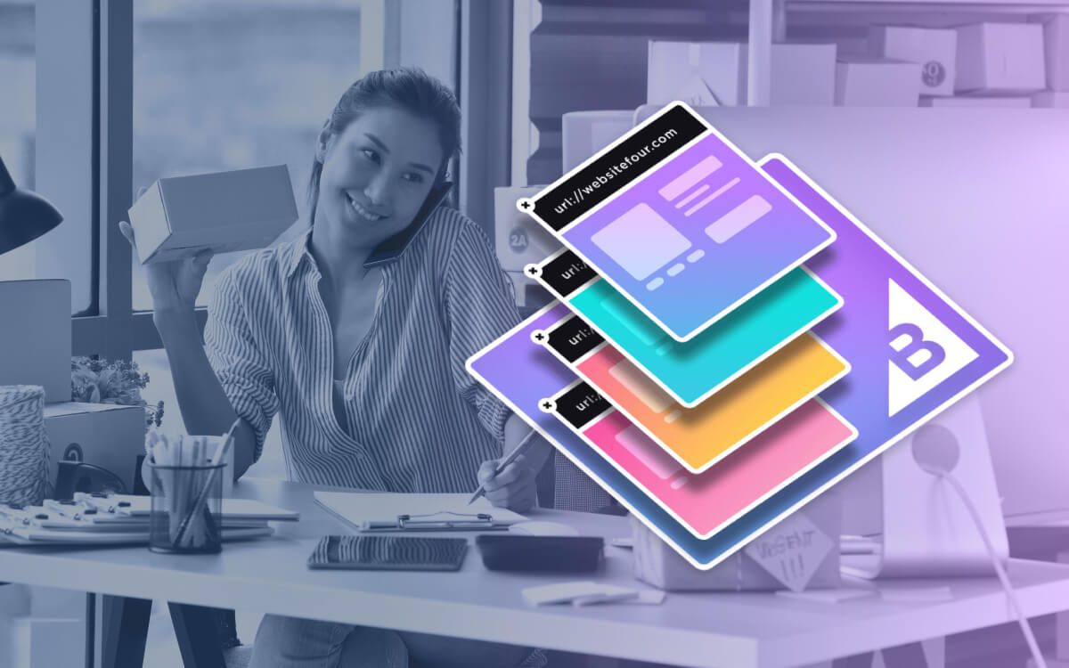 A Juxtaposition of a Grayscale Office Scene With A Woman and Vibrant, Colorful UI/UX Design Elements With BigCommerce Logo.