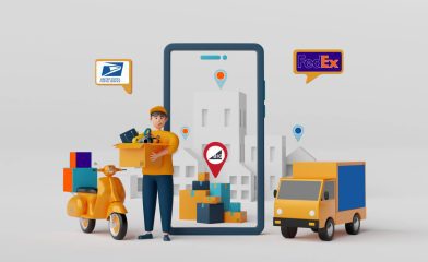 A Delivery Person With Packages, a Scooter, and a Van Are Depicted Along With a Large Smartphone That Displays a Map and Location Pins; Logos of Popular Courier Services Float Above.