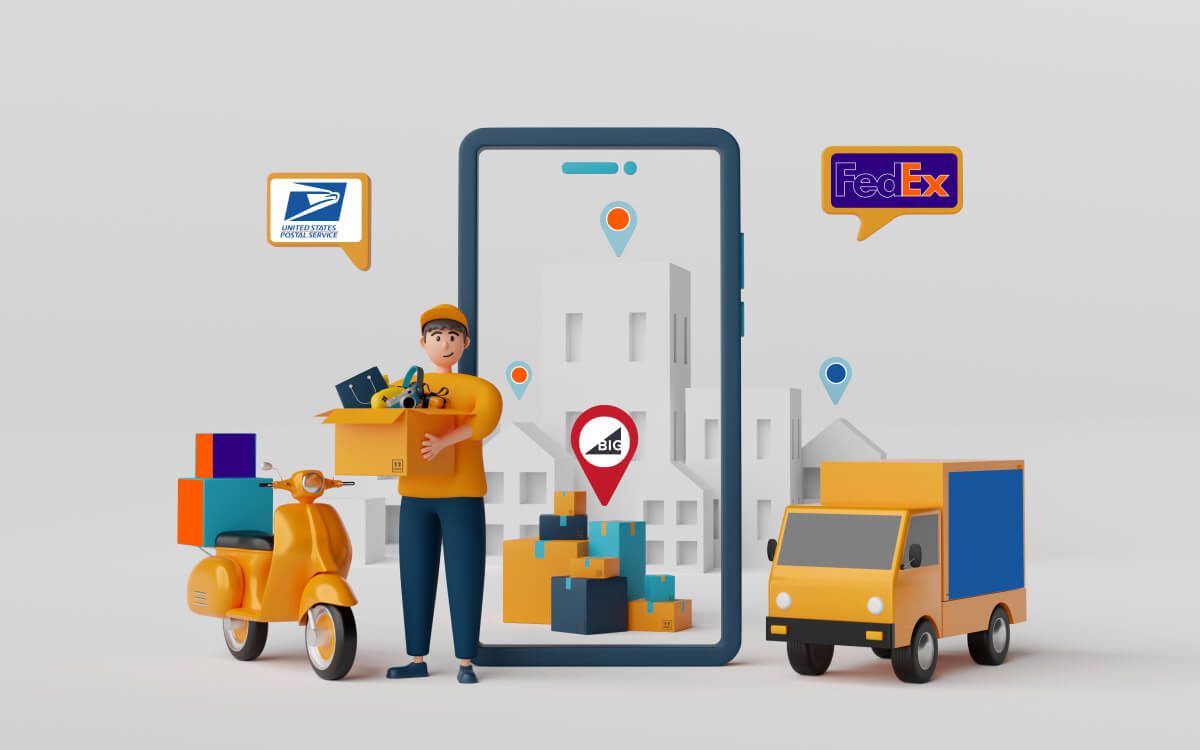 A Delivery Person With Packages, a Scooter, and a Van Are Depicted Along With a Large Smartphone That Displays a Map and Location Pins; Logos of Popular Courier Services Float Above.
