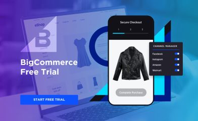 A Blog Feature Image With the Text 'Bigcommerce Free Trial" and a Mobile Device Displaying an eCommerce App Interface With a Black Jacket for Sale and Options for Secure Checkout.