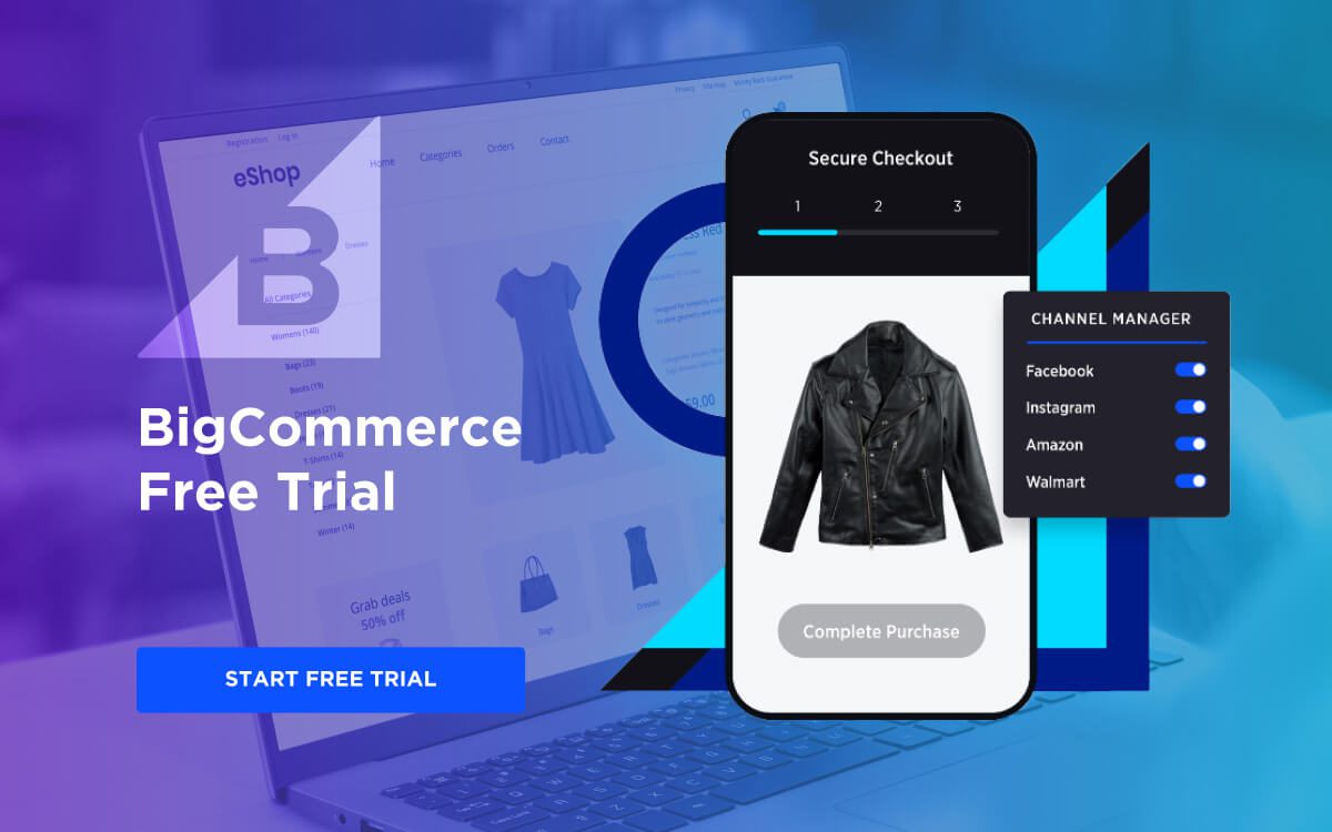 A Blog Feature Image With the Text 'Bigcommerce Free Trial" and a Mobile Device Displaying an eCommerce App Interface With a Black Jacket for Sale and Options for Secure Checkout.