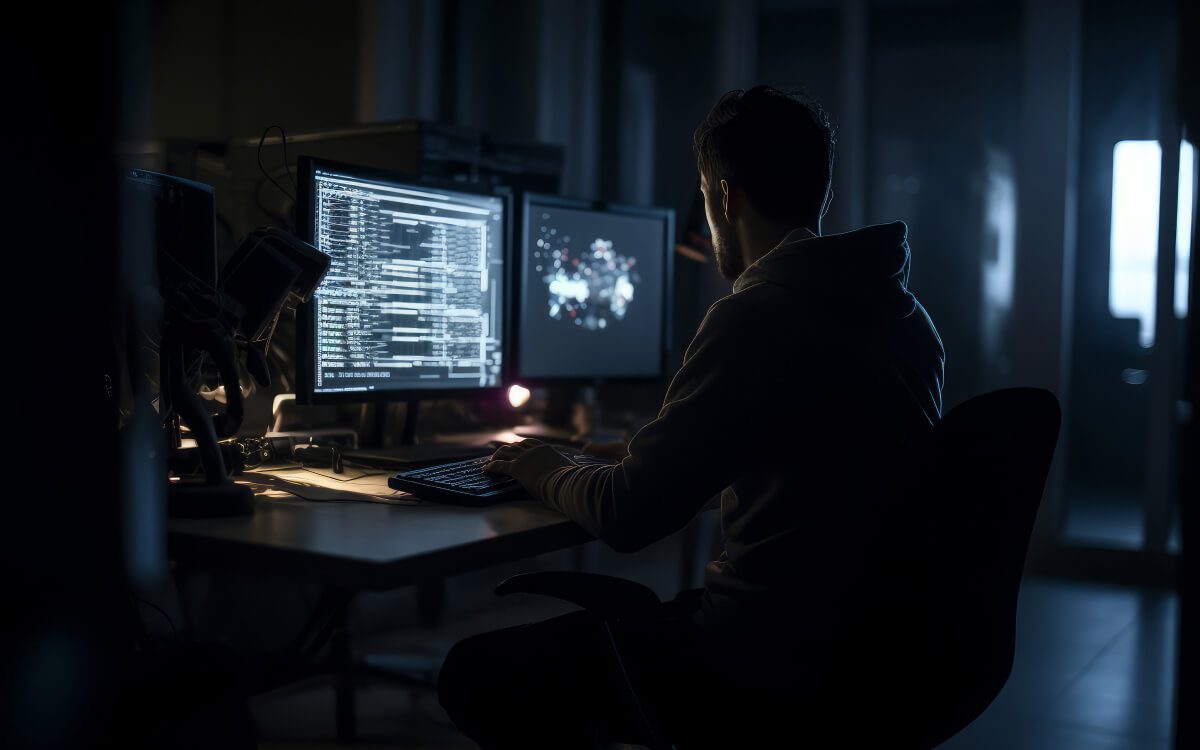 A Person Tapping Keys on a Keyboard in Front of Multiple Computer Monitors in a Dark Room, Illuminated Only by the Screens.