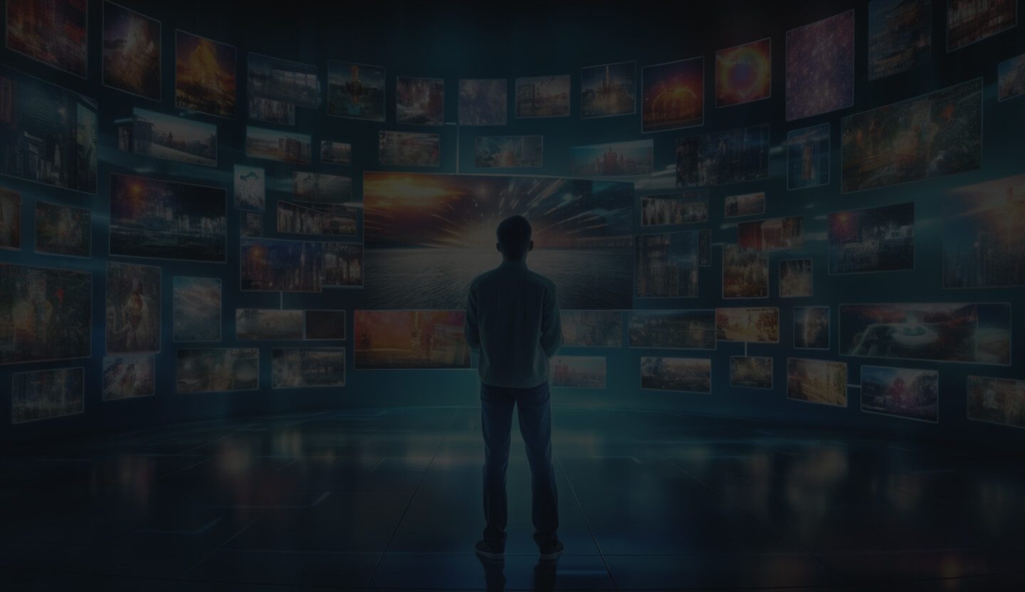 A Person Stands in the Center of a Futuristic Room Surrounded by Multiple Large Screens Displaying Various Images.