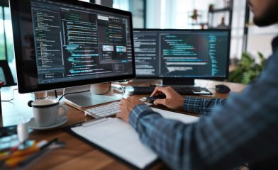 A person writing code on a dual monitor computer