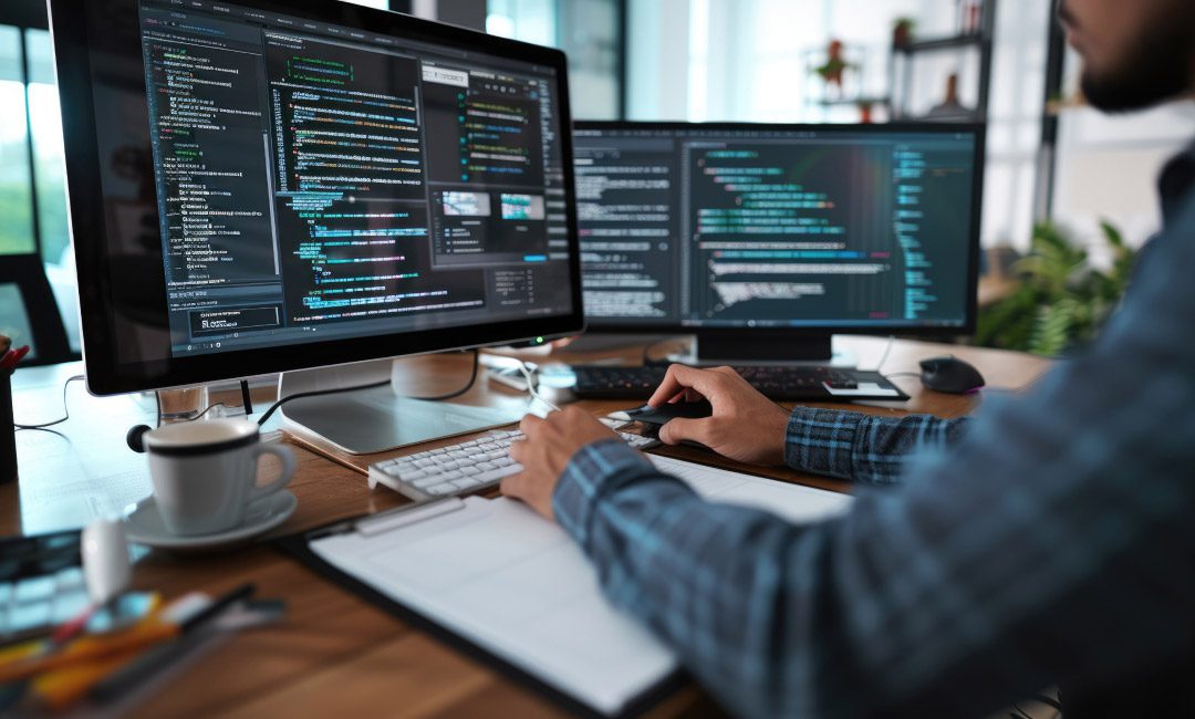 A person writing code on a dual monitor computer