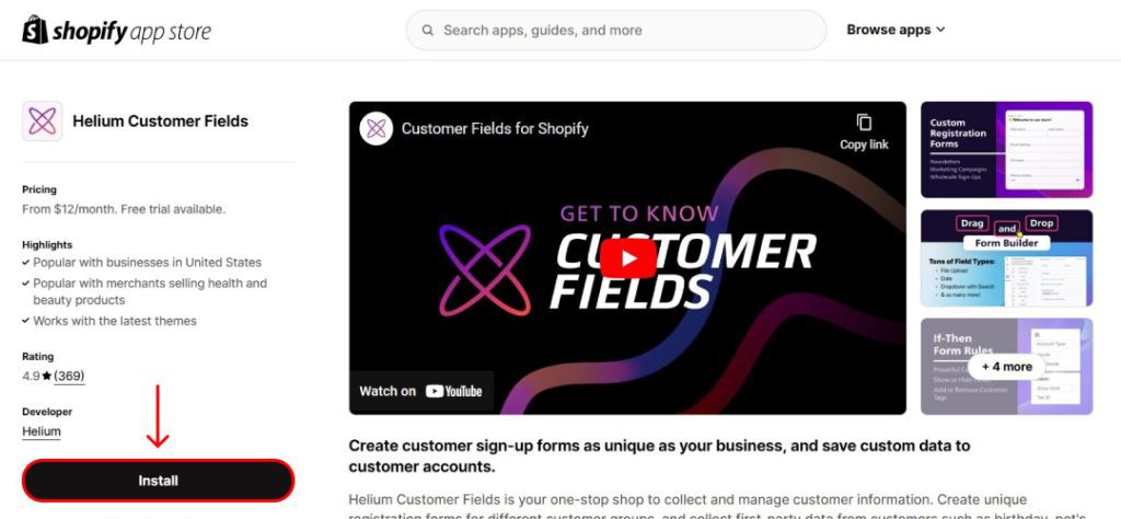 Customer fields interface displayed on a Shopify app store