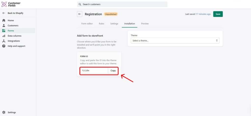 Overview of the installation section of the customer field where highlights the code