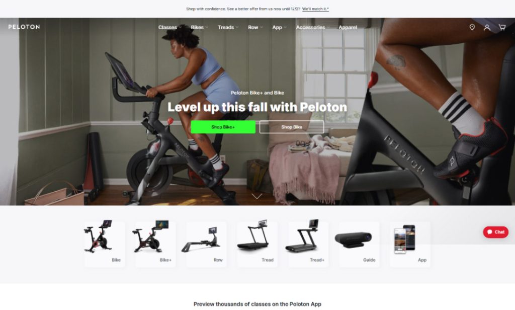 Snapshot of Peloton website