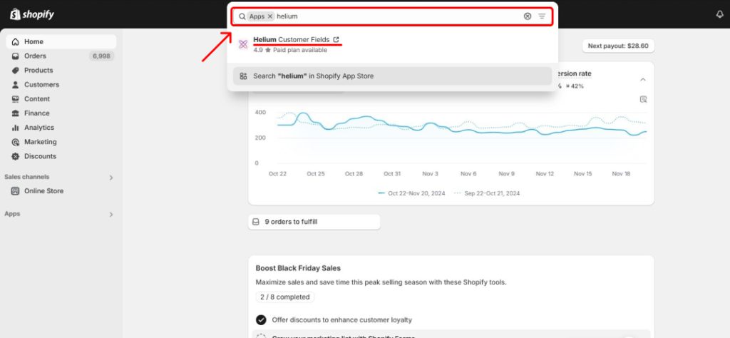 Shopify Panel Shows a Helium customer field app in the search bar