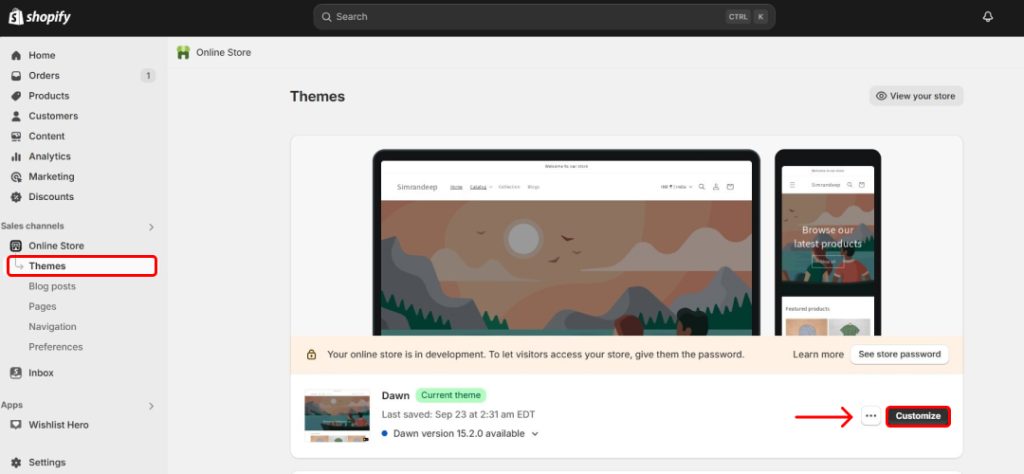 The Shopify panel highlights the Theme and customizes the button