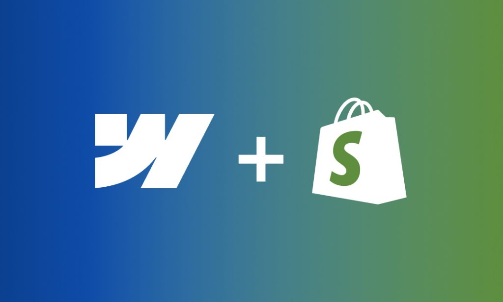 The Webflow logo and Shopify logo connected with a plus sign, symbolizing integration between the two platforms.