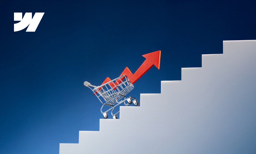 A shopping cart with a red upward arrow climbs stairs, symbolizing eCommerce growth & Webflow development services, with the Webflow logo in the corner.