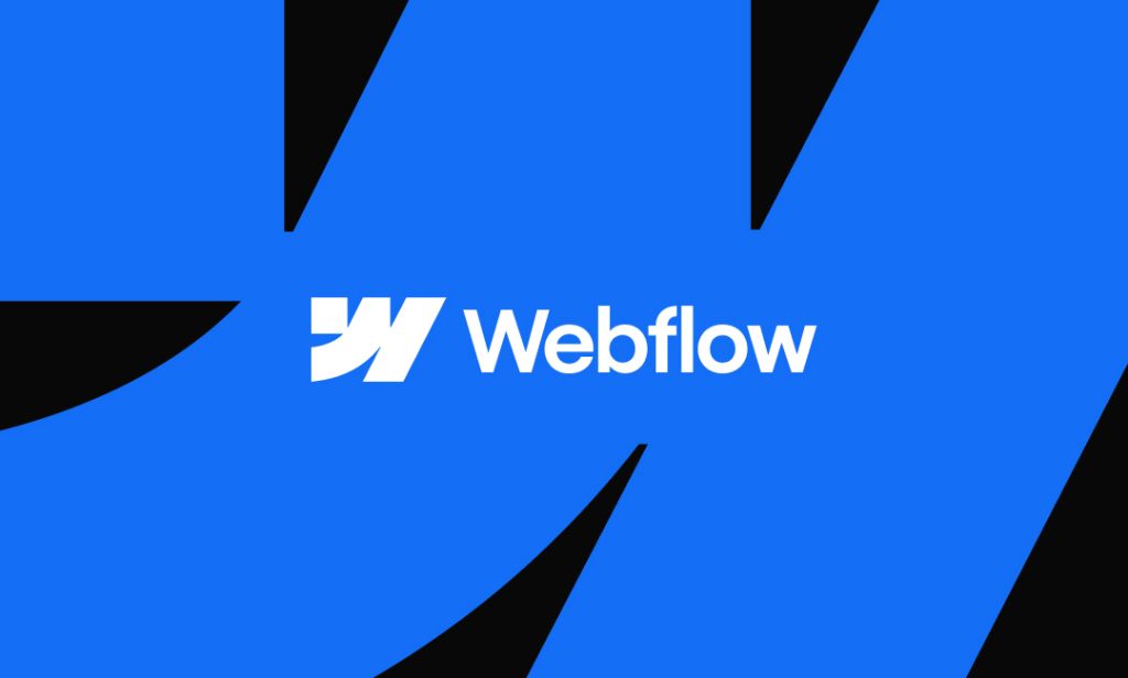 The Webflow logo on a blue background with black abstract shapes, featuring the word "Webflow" in white text.
