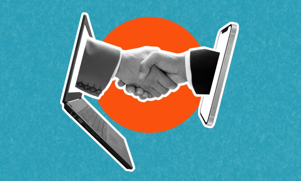 A virtual handshake between a laptop and smartphone symbolizing eCommerce partnerships.