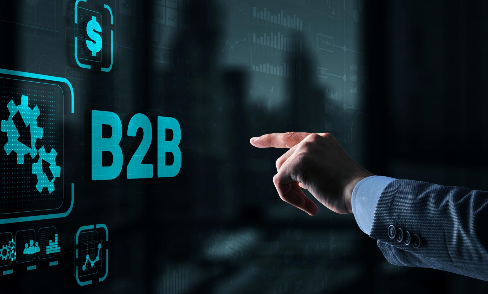 A hand interacting with a digital B2B interface featuring business icons.