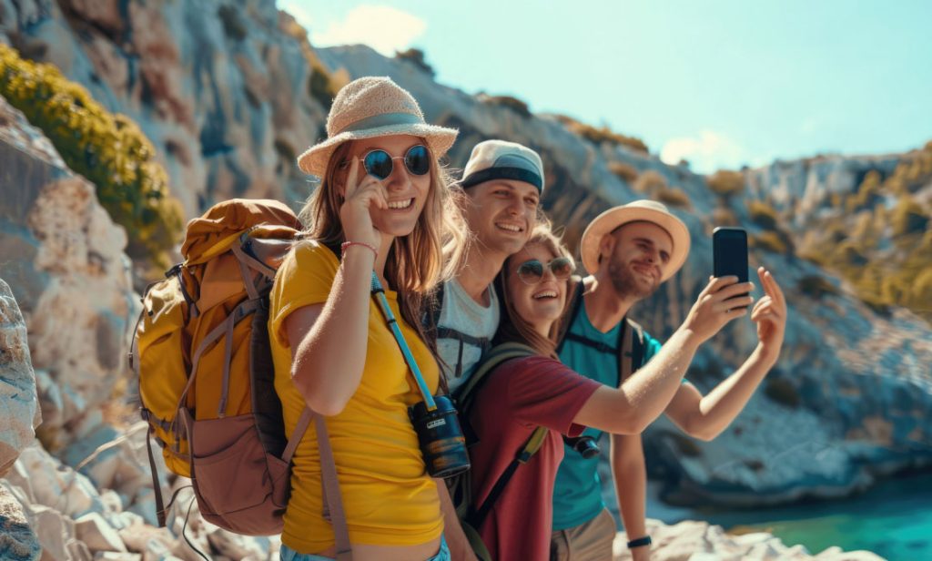 Example of a Gen Z traveler using the Mount app to explore new destinations with her group of friends.