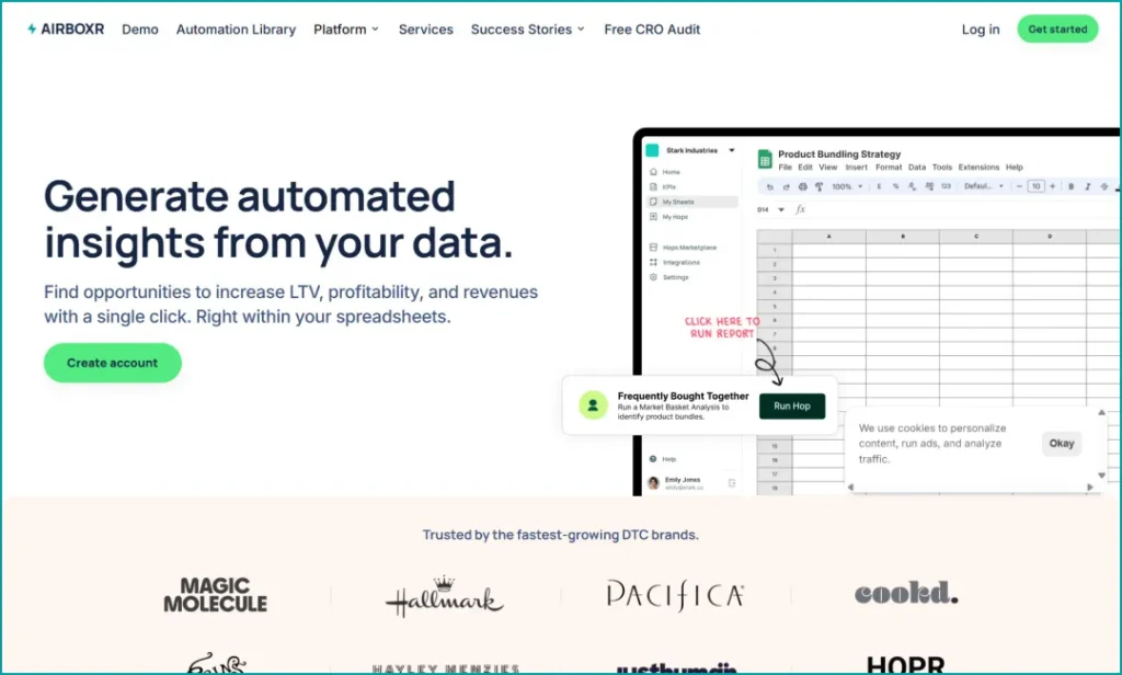 Screenshot of the Homepage for the Airboxr Data Analytics Tool for eCommerce Brands.

