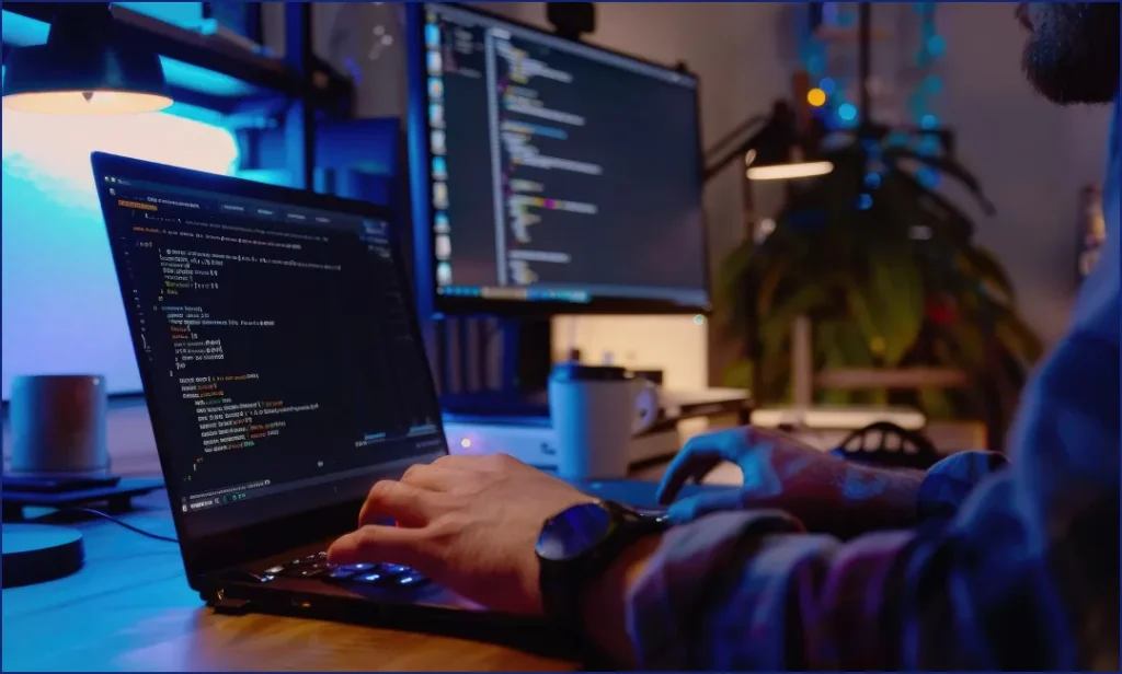 A developer working on eCommerce development at a desk, coding on a laptop with lines of code visible on both the laptop and a larger monitor.