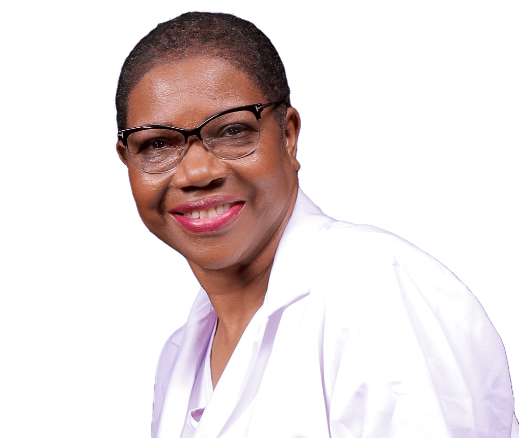 Dr. Miriam Amanda Smith smiling, wearing a lab coat, against a transparent background.
