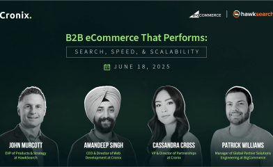 Banner for Cronix B2B eCommerce webinar on search, speed, and scalability with speakers from HawkSearch and BigCommerce