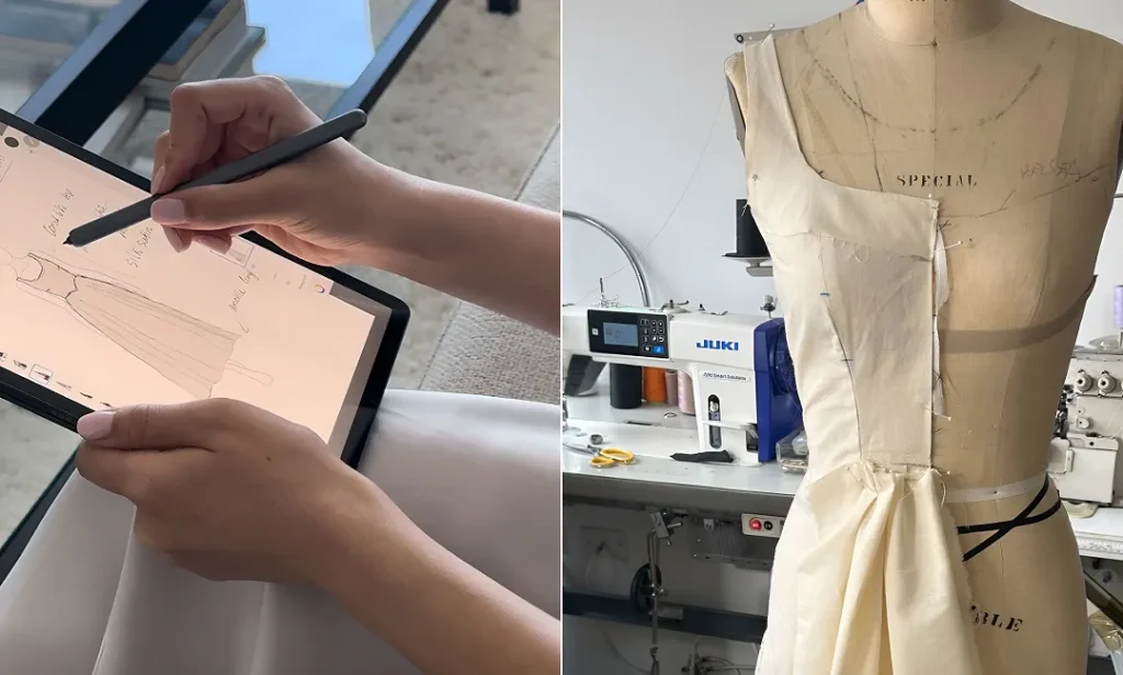 A flatlay of fashion sketches and textiles from Aru's collection.