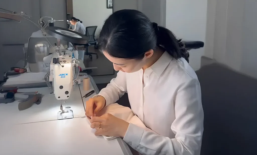Fashion designer Aru Serikova works diligently at a sewing machine in a New York studio.