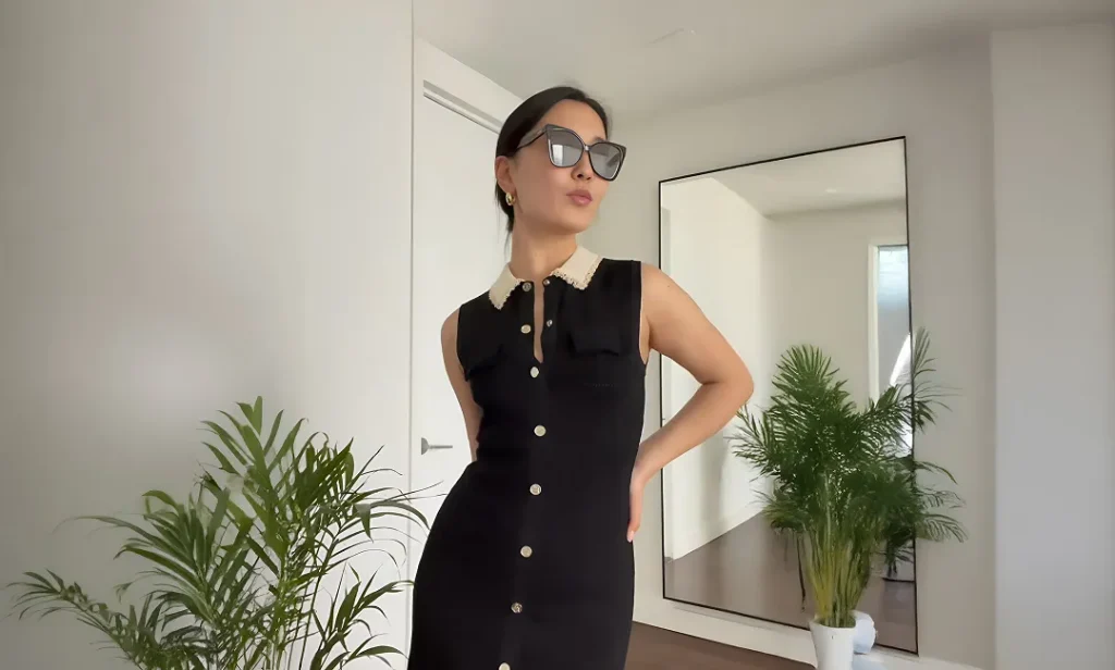 Aru Serikova wearing a handmade couture black dress