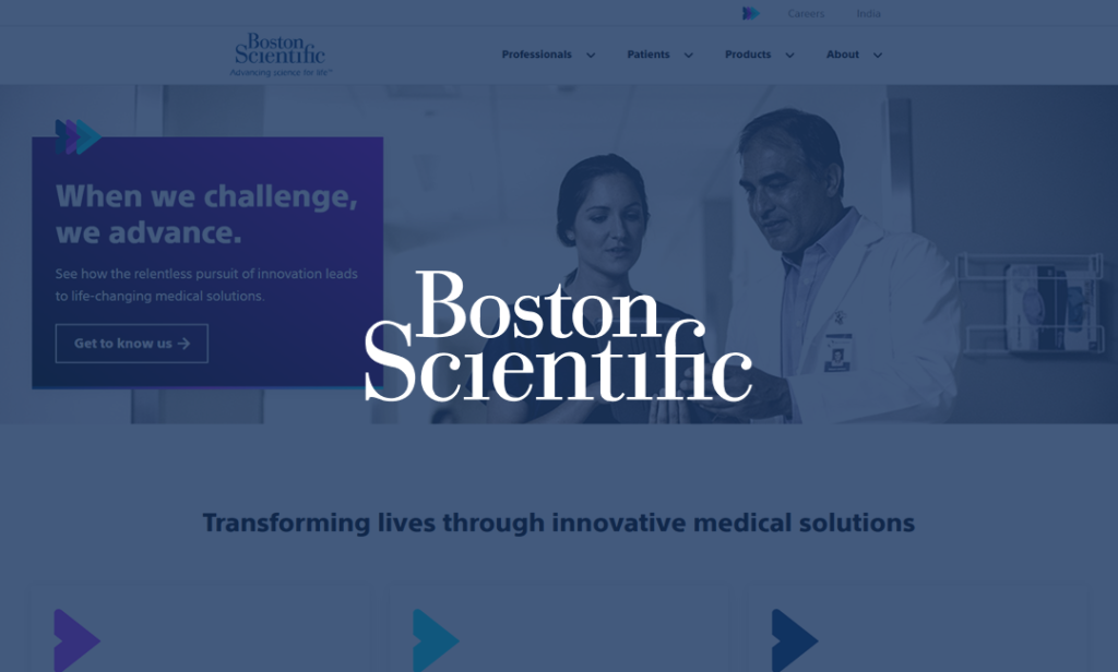 A screenshot of the Boston Scientific website homepage featuring the logo, navigation menu, and a banner.