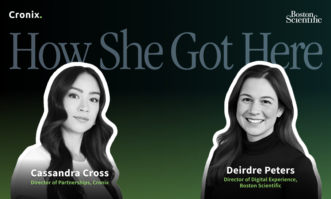A featured image of Cass Cross, host of "How She Got Here," with the guest, Deirdre Peters, Director of Digital Experience at Boston Scientific