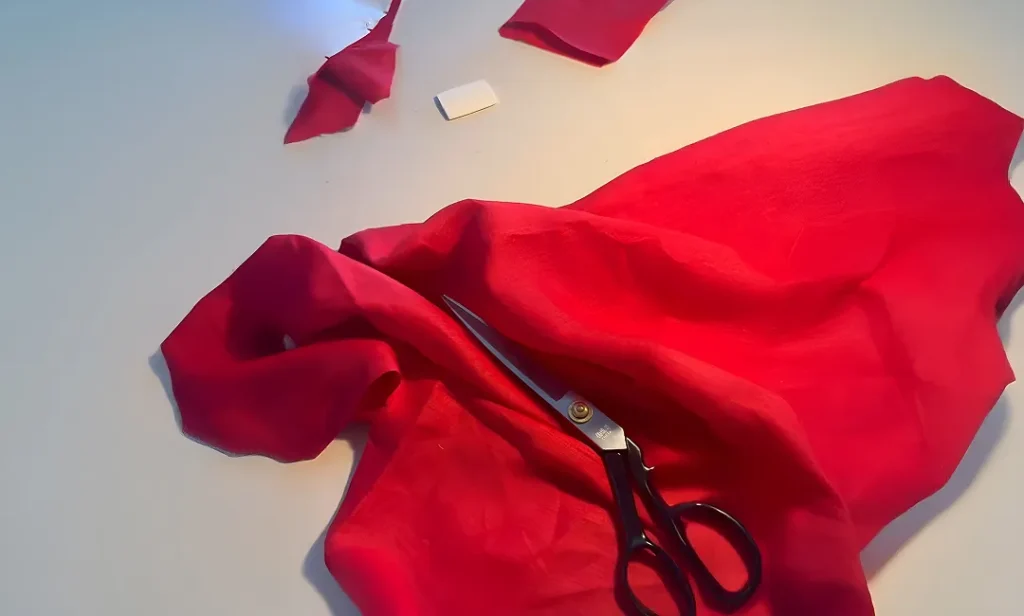 Black fabric scissors on red cloth with fabric scraps and tailor's chalk.