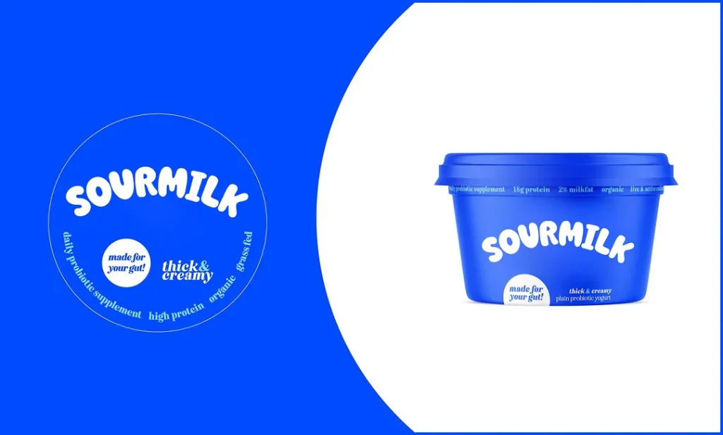 A graphic of the Sourmilk branding and product jars, showing the logo and a matching yogurt tub.