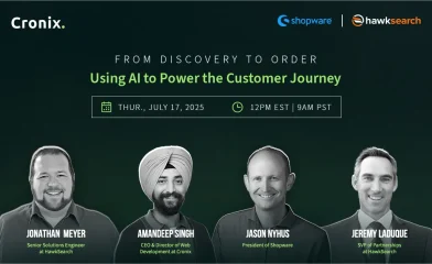 Webinar banner titled "From Discovery to Order: Using AI to Power the Customer Journey" featuring Jonathan Meyer, Amandeep Singh, Jason Nyhus, and Jeremy LaDuque from Cronix, Shopware, and HawkSearch.