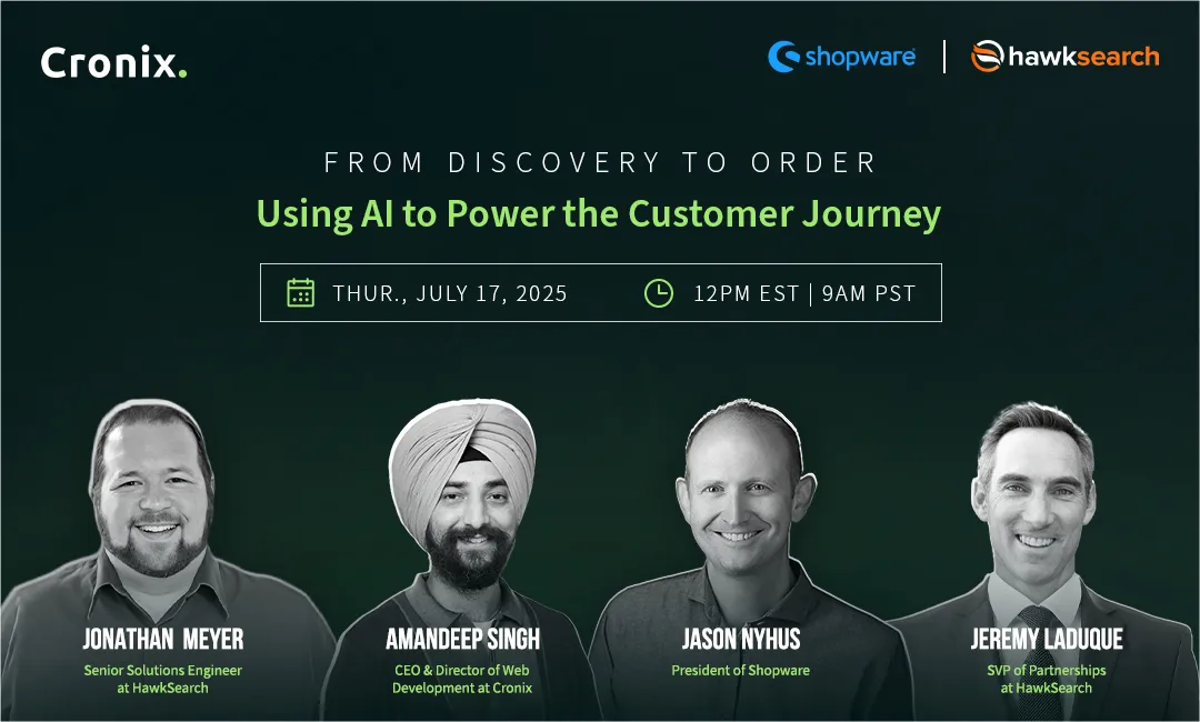 Webinar banner titled "From Discovery to Order: Using AI to Power the Customer Journey" featuring Jonathan Meyer, Amandeep Singh, Jason Nyhus, and Jeremy LaDuque from Cronix, Shopware, and HawkSearch.