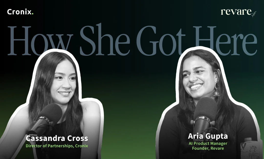 Featured image for the podcast episode "How She Got Here" featuring Aria Gupta, Revare founder, in conversation with Cassandra Cross.